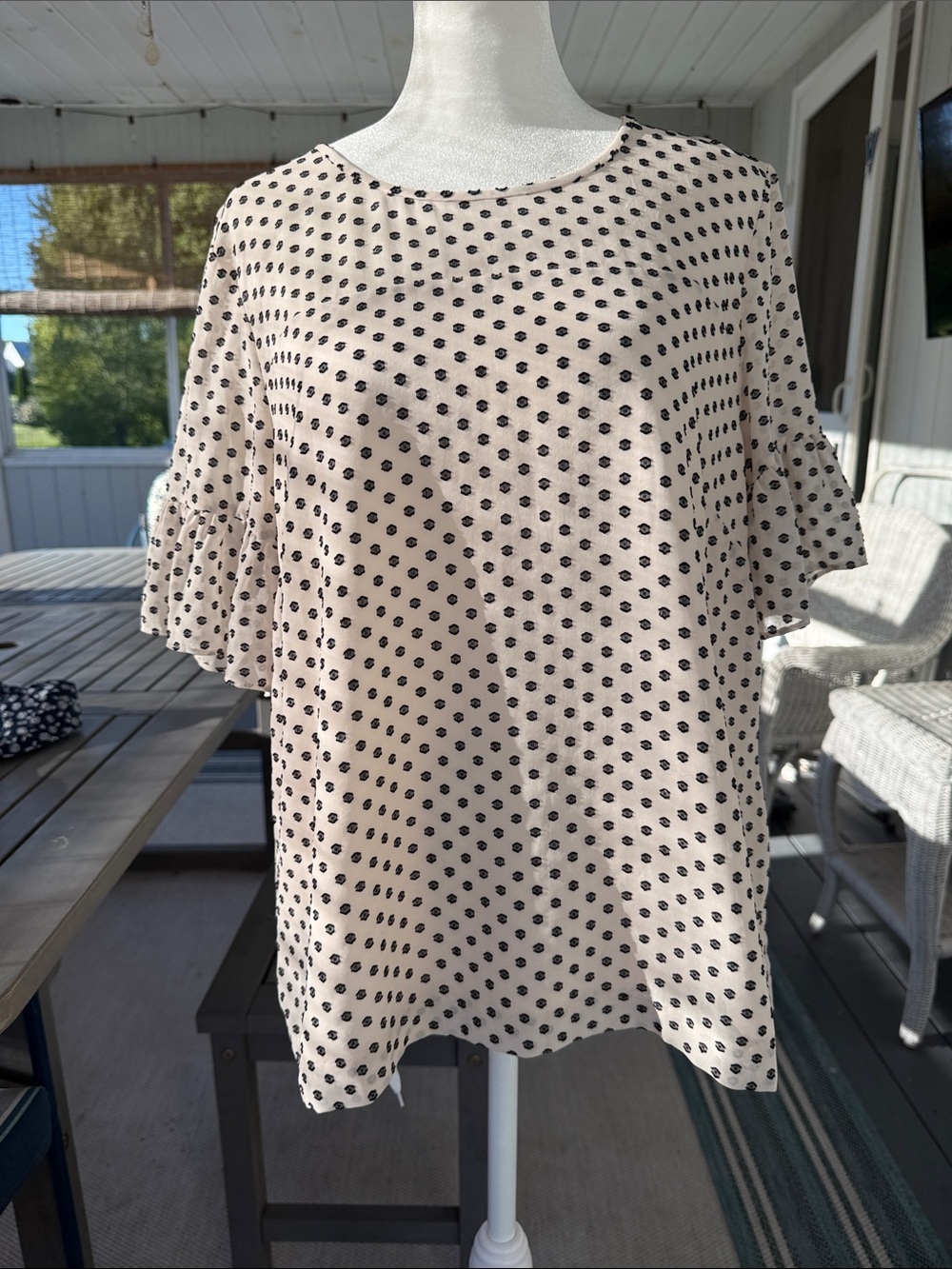 NWT J. Crew Beige Top with Black Polka Dots and Flutter Sleeves
